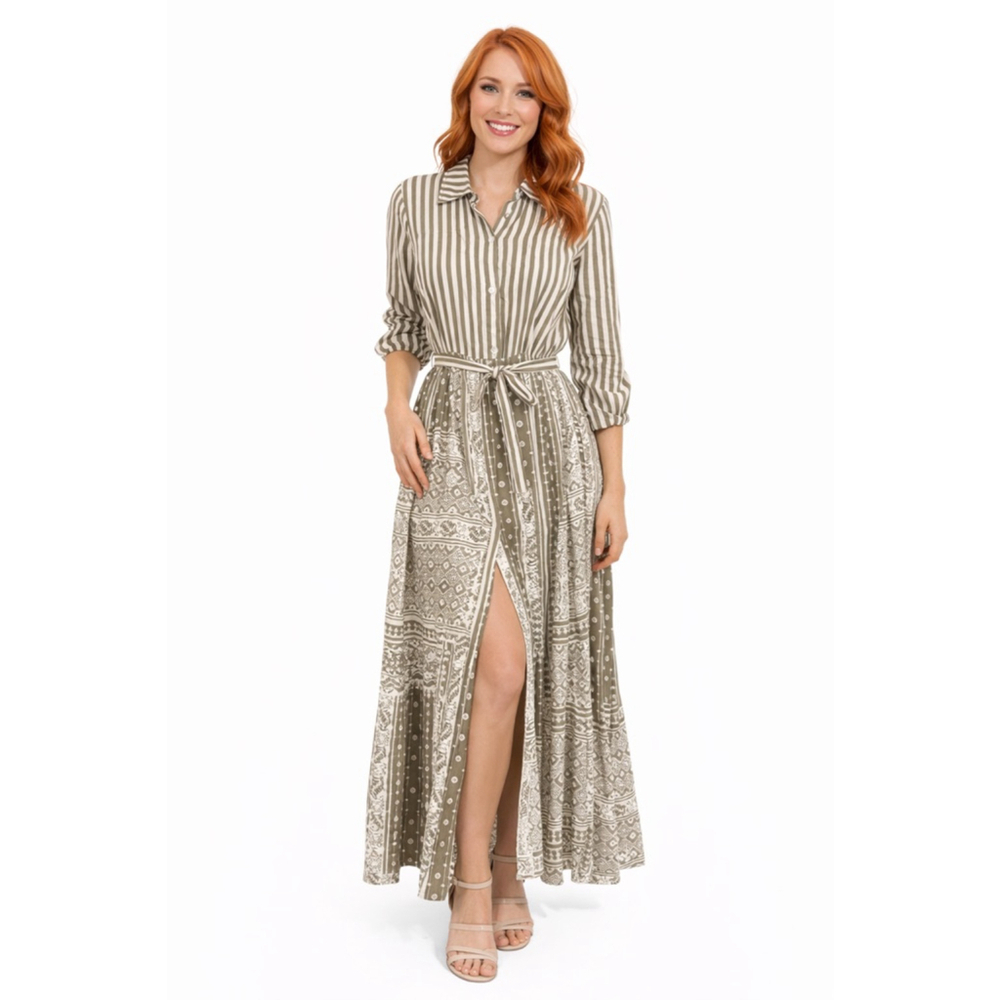 Women's Scandal Olive Green & White Striped Maxi Dress M